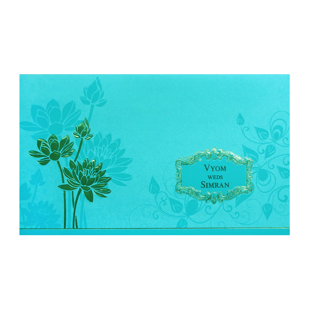 Blue Gold Embossed Lotus Wedding Invitation Card-KPR06340 - Image 3