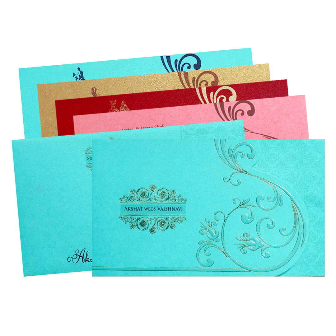 Blue Gold Foil Embossed Floral Wedding Invitation Card-KPR06440