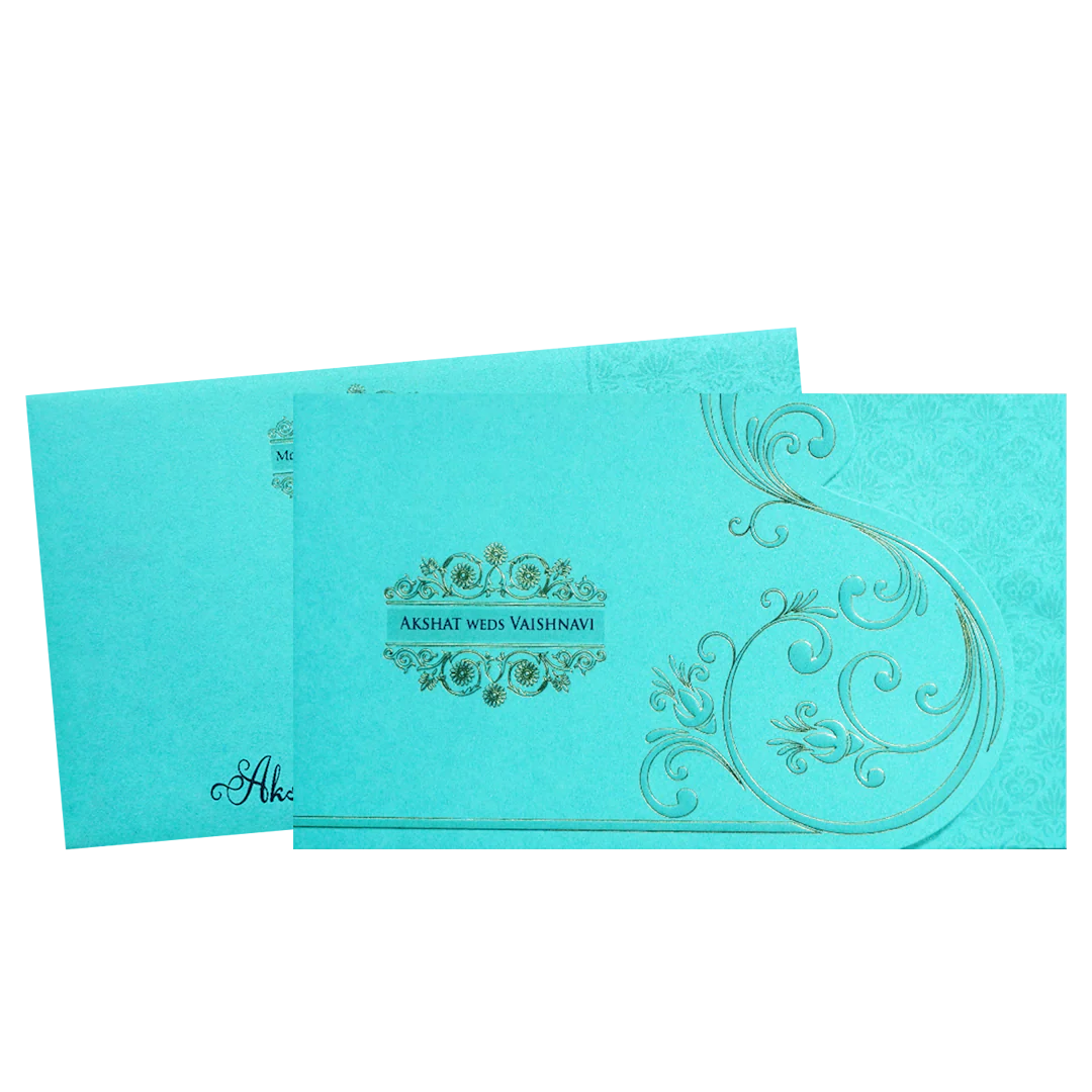 Blue Gold Foil Embossed Floral Wedding Invitation Card-KPR06440 - Image 2