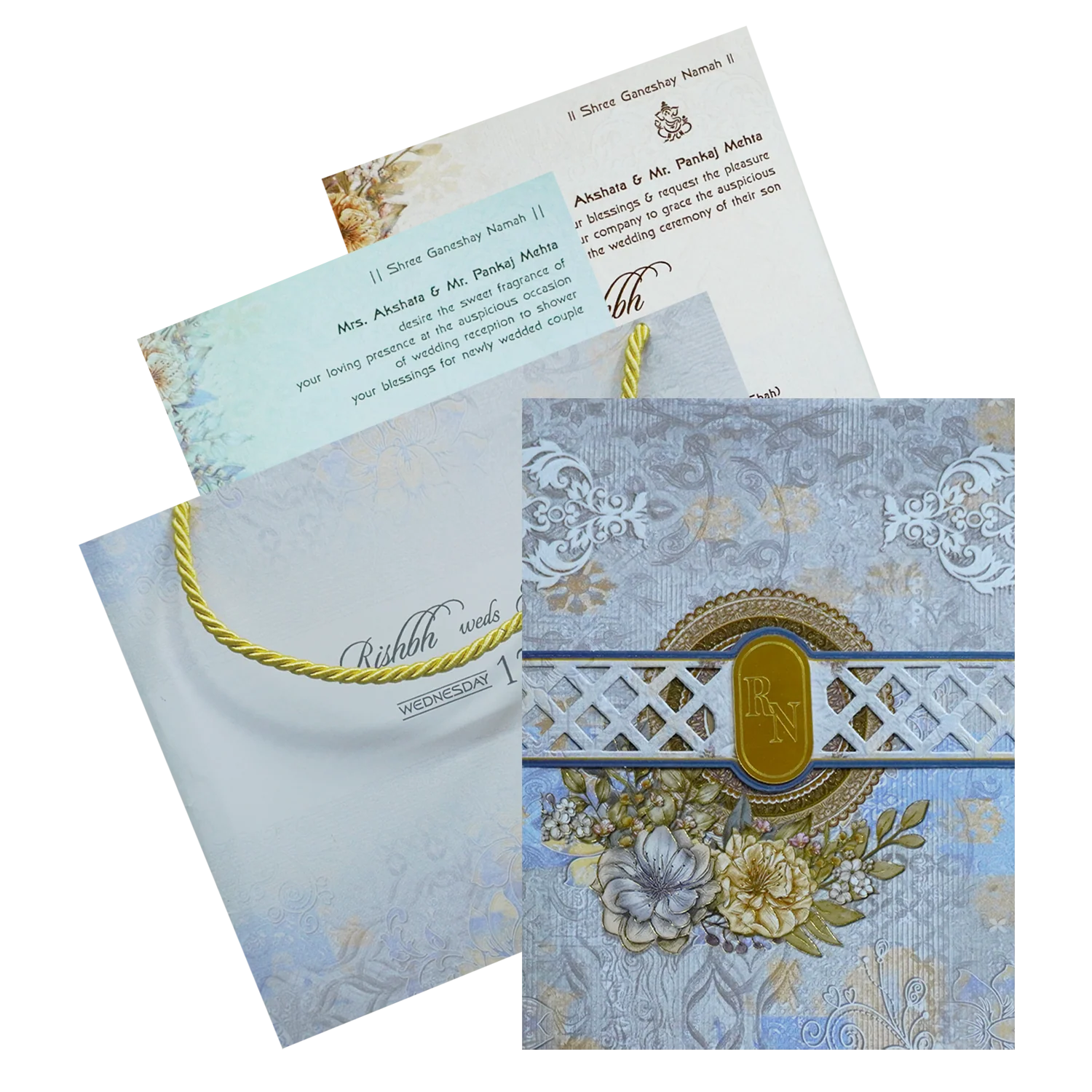 Blue Grey Floral Wedding Box-KRC30790