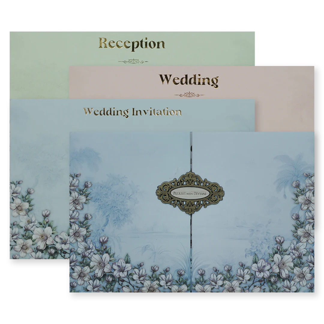 Blue Pastel Floral Padded Wedding Card-KJTS1829