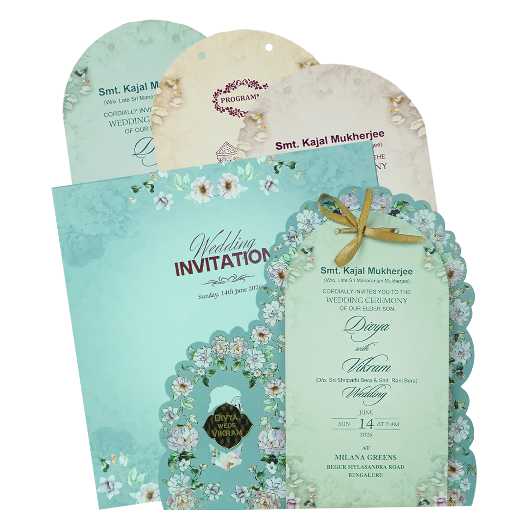 Blue Laser Cut Floral Wedding Card - KNBS3404