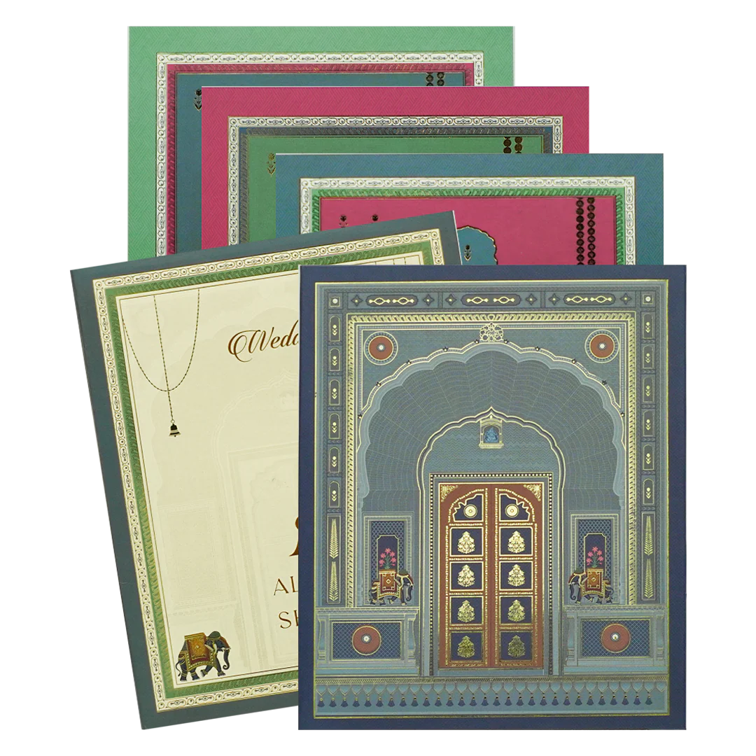 Blue Royal Arched Door Padded Wedding Card-KBM05130