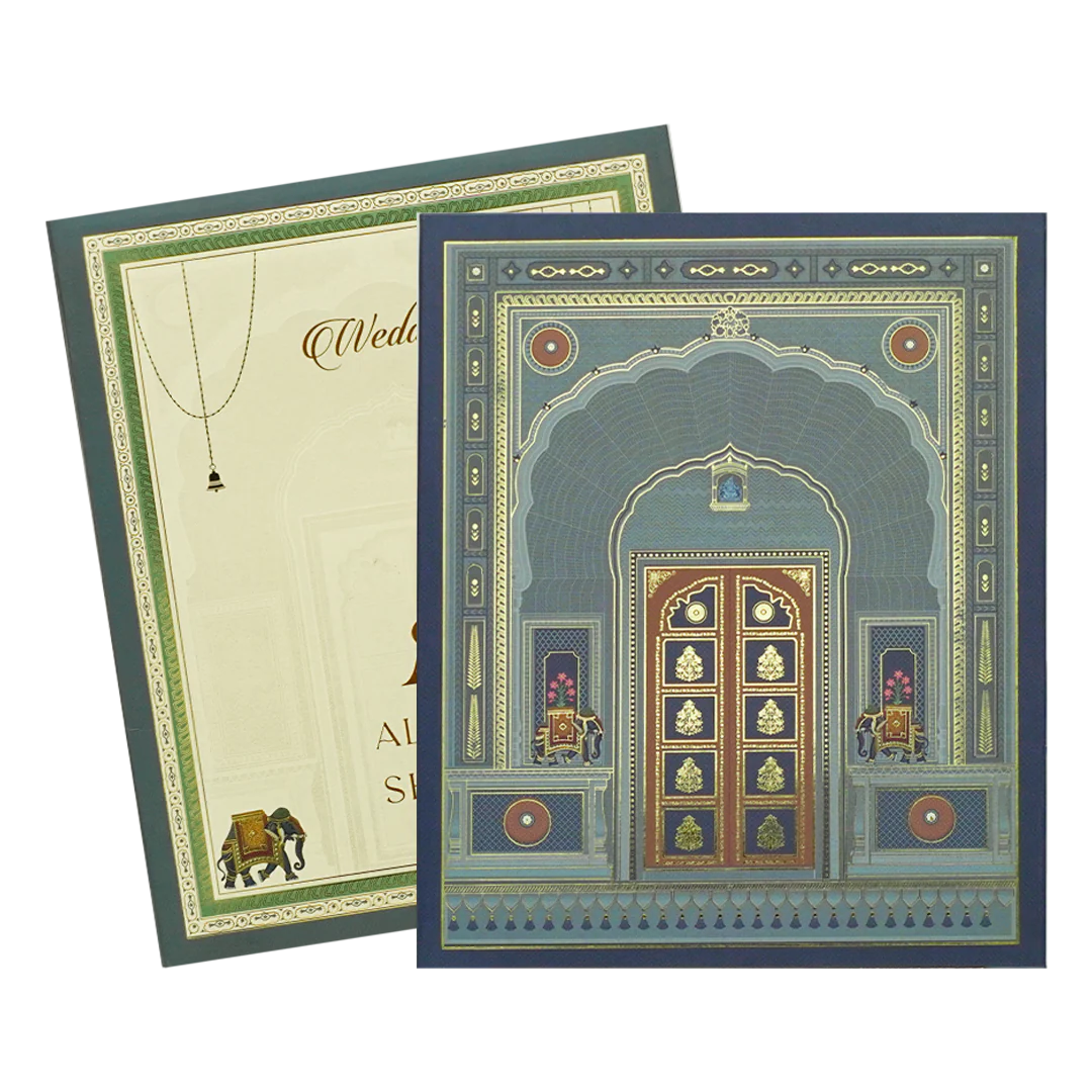 Blue Royal Arched Door Padded Wedding Card-KBM05130 - Image 2