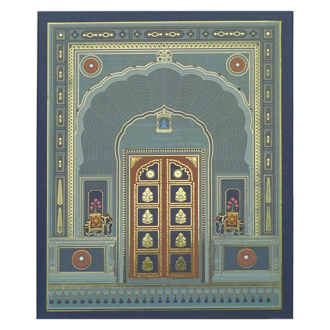 Blue Royal Arched Door Padded Wedding Card-KBM05130 - Image 3