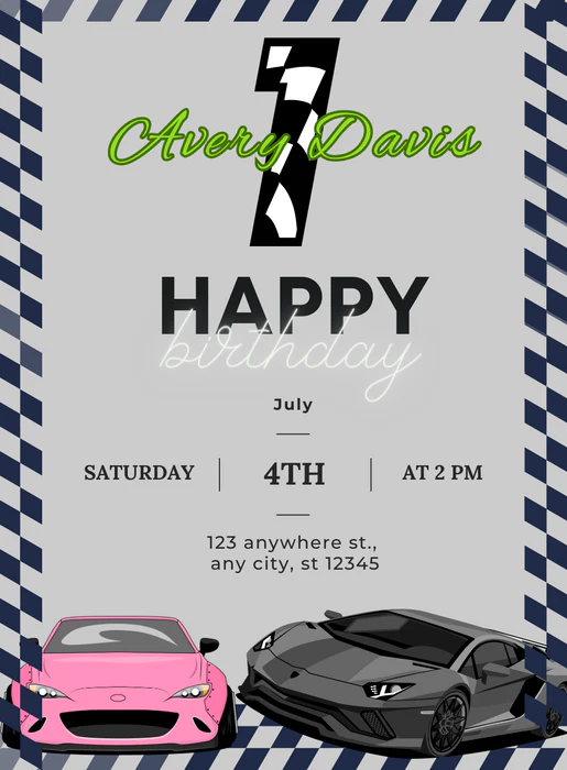Blue Checkered Cars and Trains Invitation-AACAT002 - Image 2