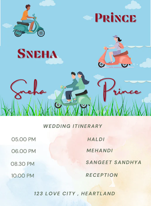 Blue Scooter Wedding Itinerary Invitation-AAWII033 - Image 2