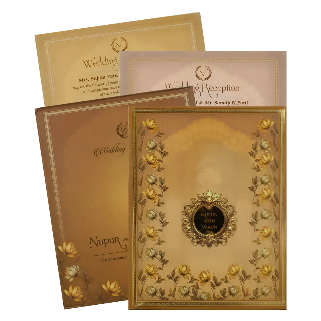 Brown Floral Frame Padded Wedding card-KRE28010