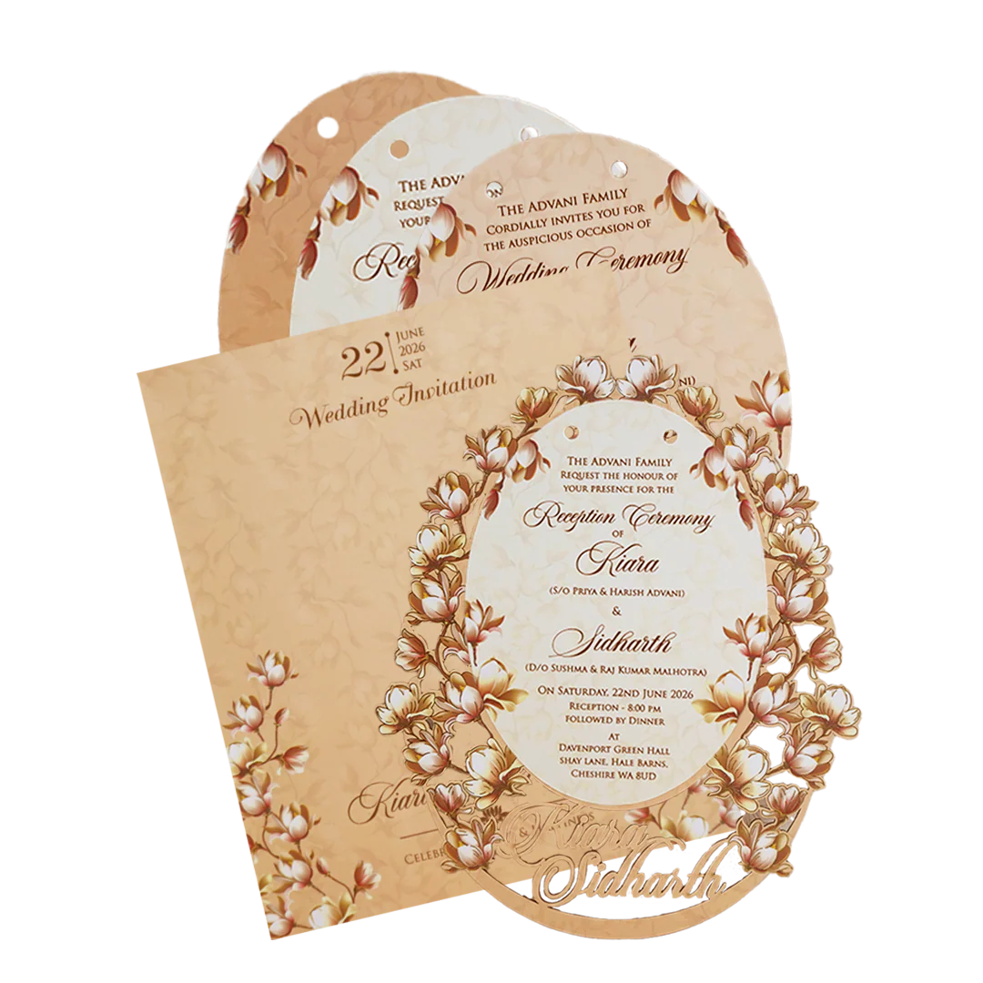 Beige Brown Floral Laser Cut Wedding Card - KFR14040