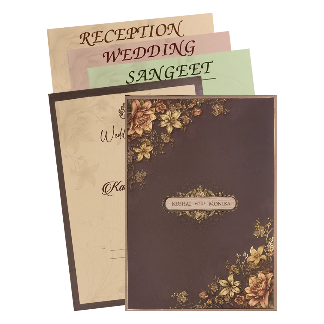 Brown Floral Padded Wedding Card-KSH72520