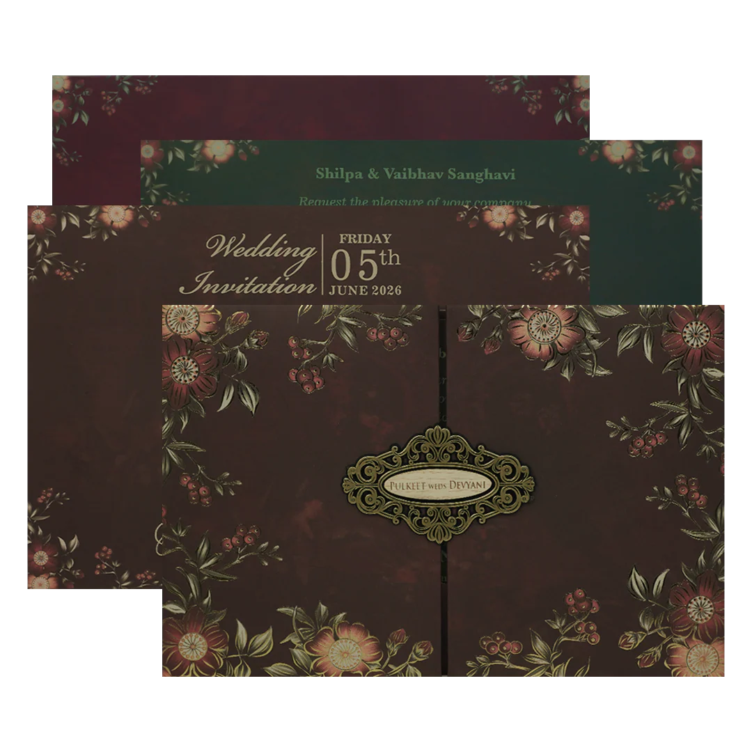 Brown Floral Padded Wedding Card-KJTS1836