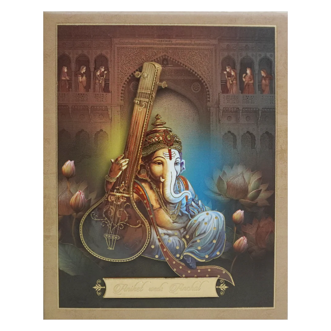 Brown Ganesha Padded Wedding Card-Kac05310 - Image 3