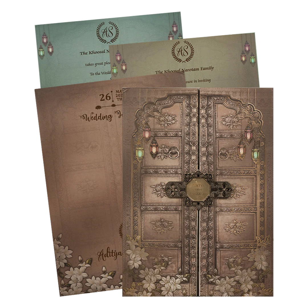 Brown Palace Door Padded Wedding Card-KRE27210