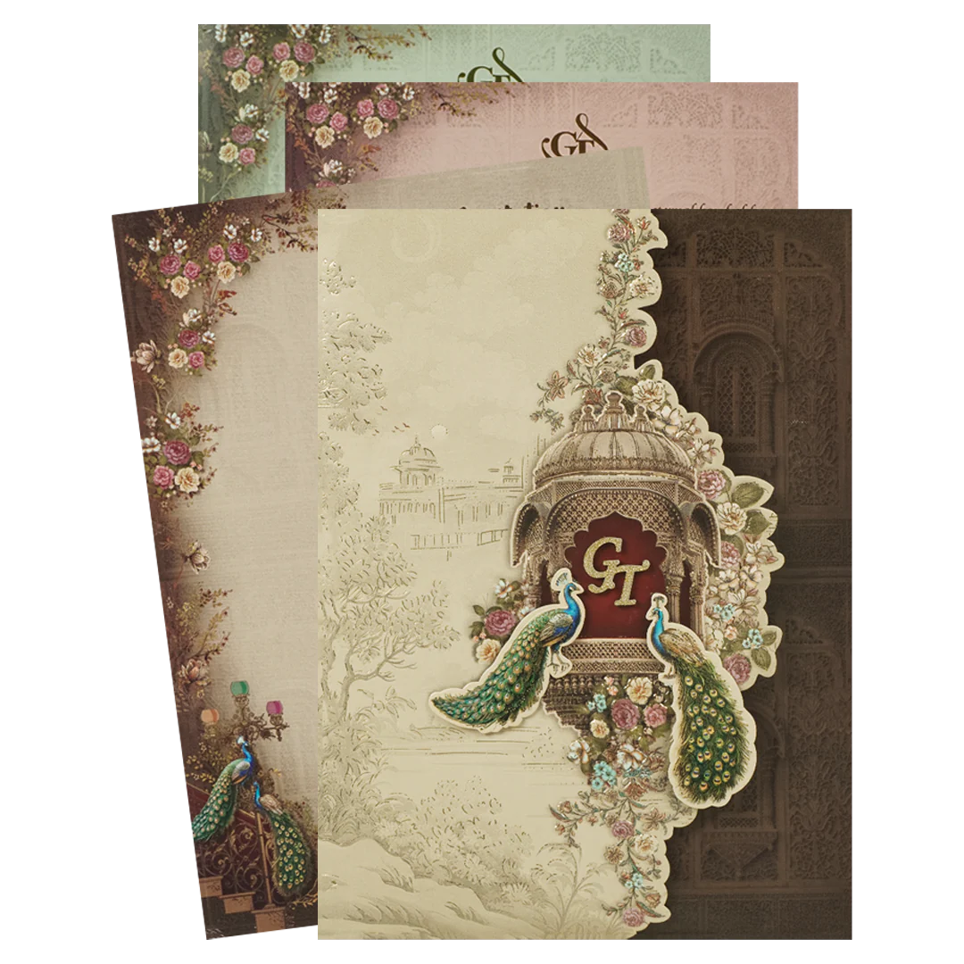 Brown Peacock Mandir Wedding Card-KSI64790