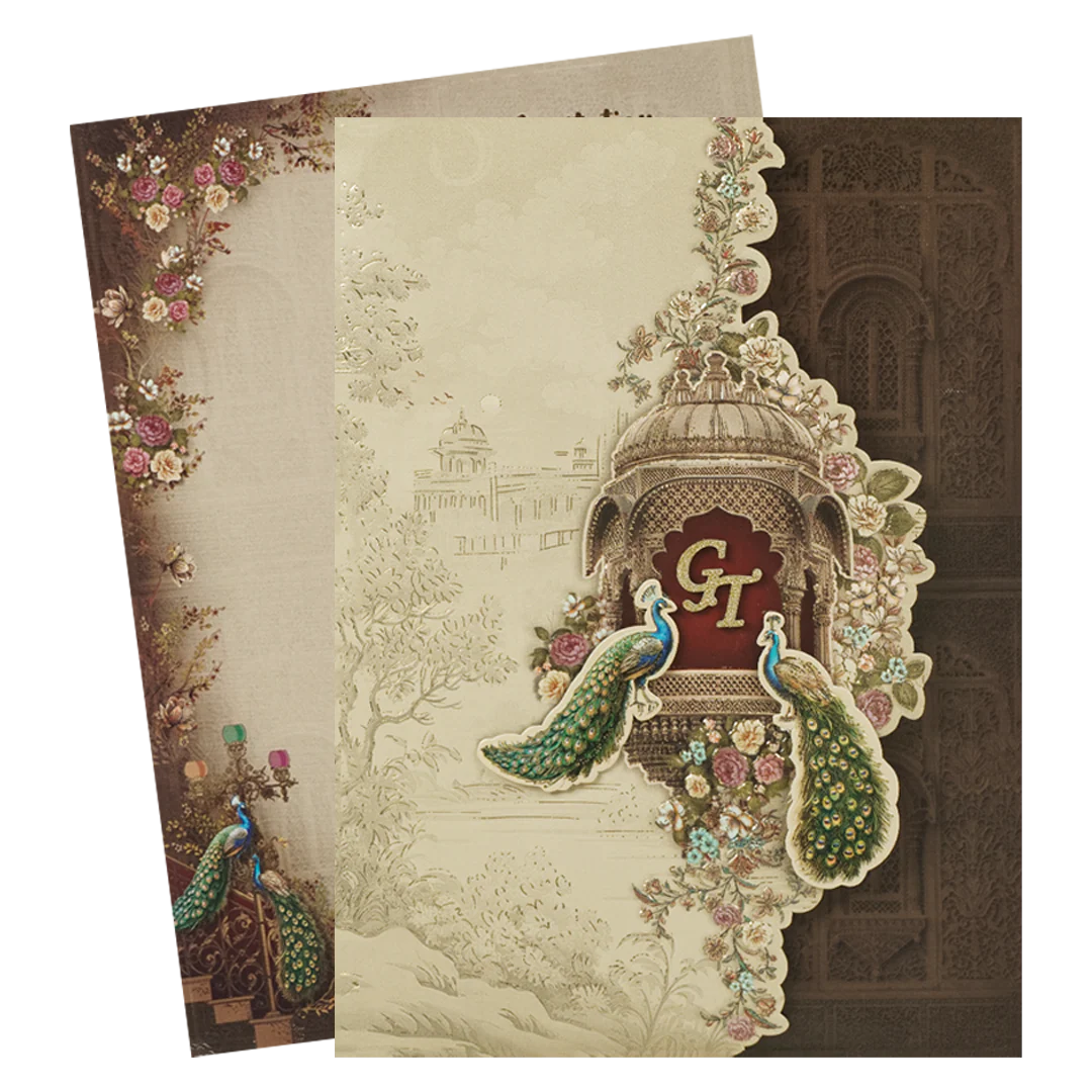 Brown Peacock Mandir Wedding Card-KSI64790 - Image 2
