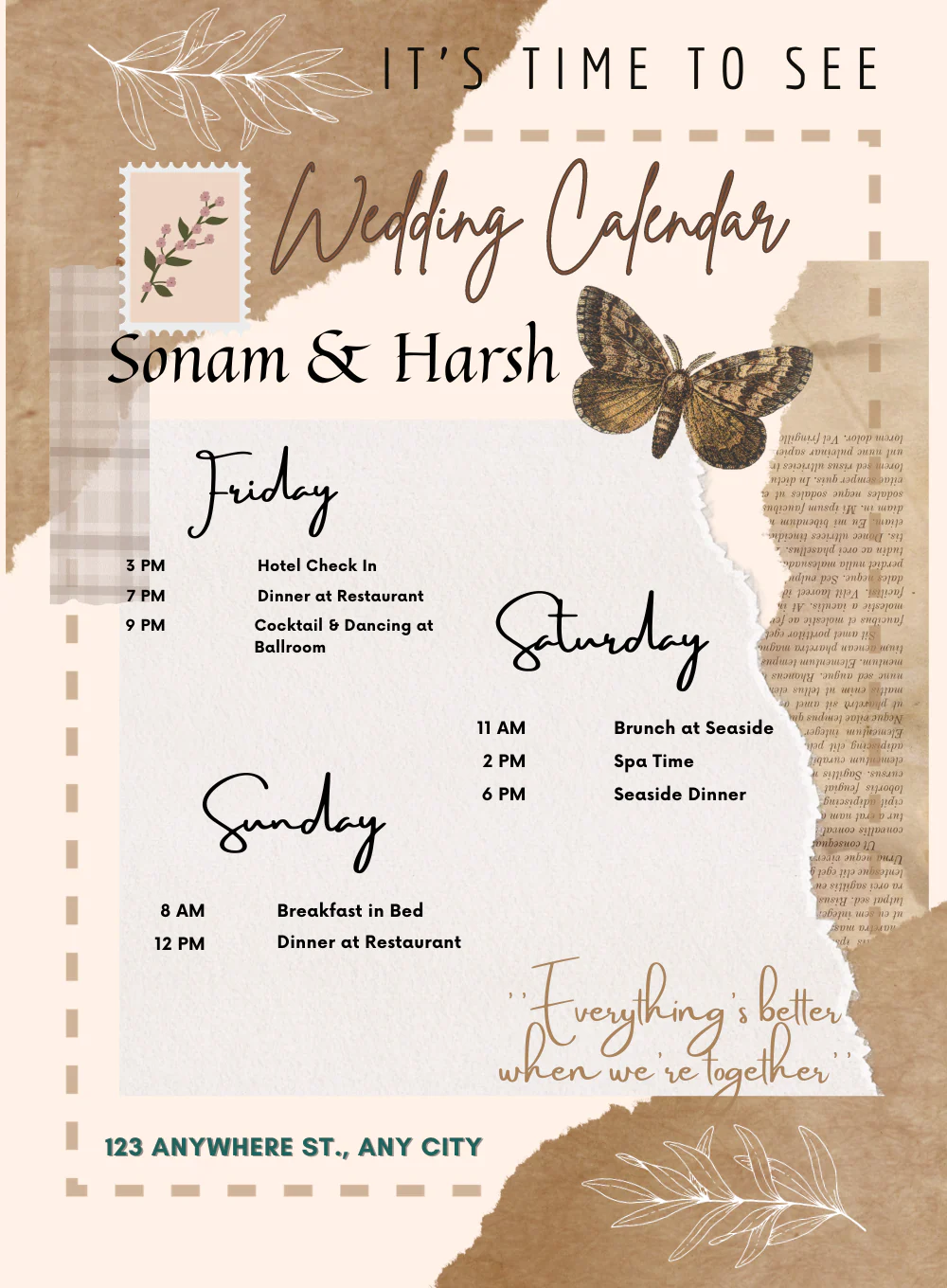 Brown Butterfly Wedding Itenary Invitation-AAWII023