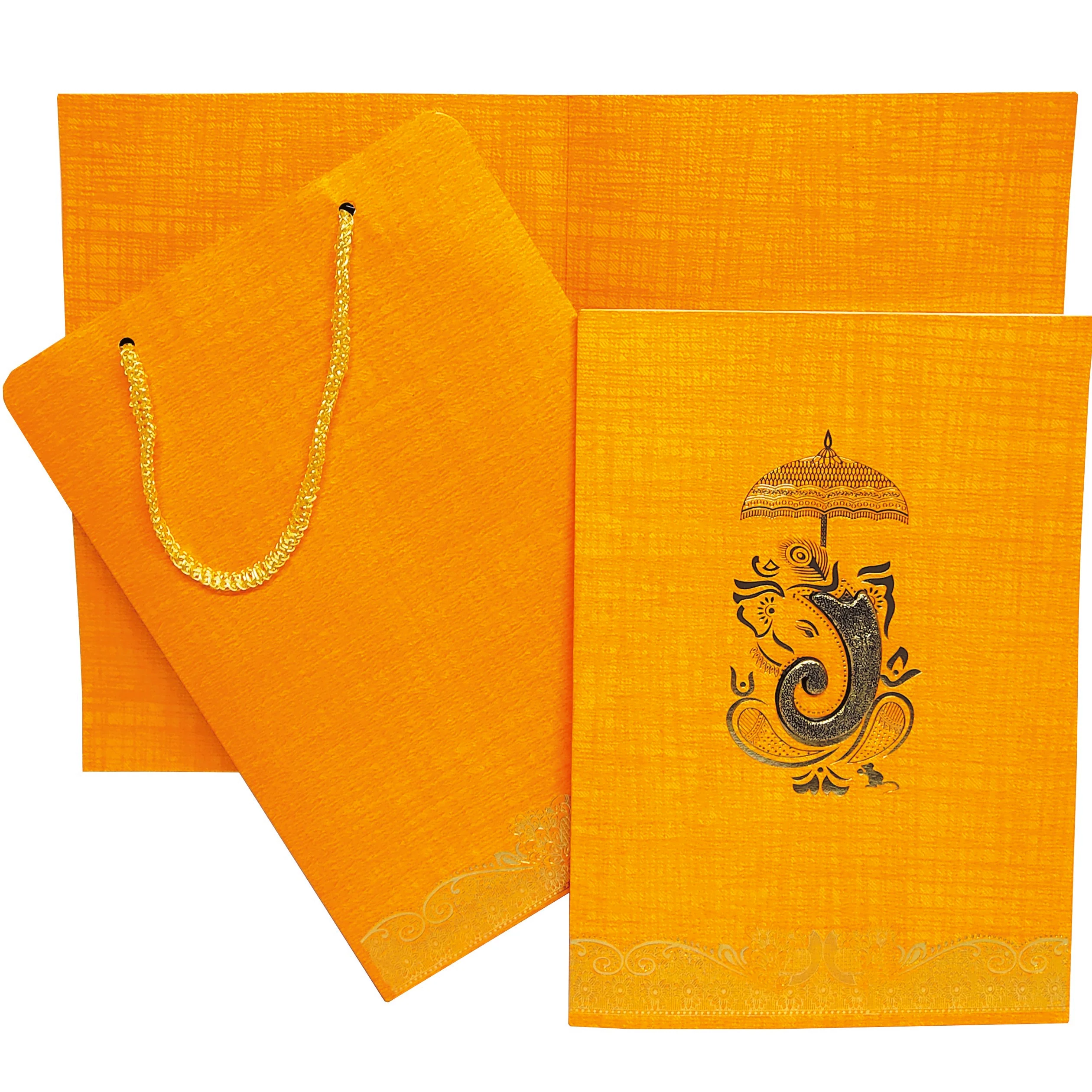 Orange Metallic Embossed Ganesha Trunk Invitation-KNCA202O