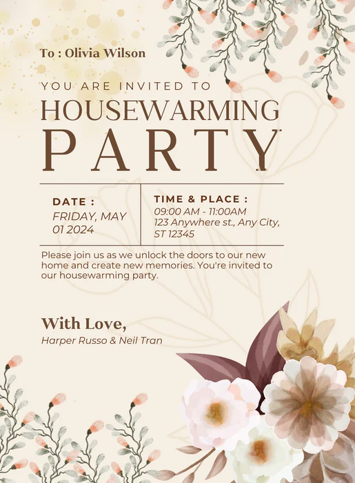Cream and Brown Floral Housewarming Party E-Invitation-EINK0073 - Image 2