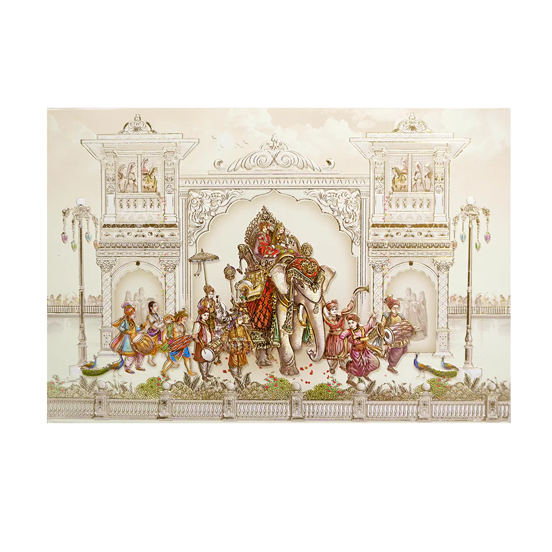 Cream Baraat Procession 3D Padded Wedding Card - KMMWD1111 - Image 3