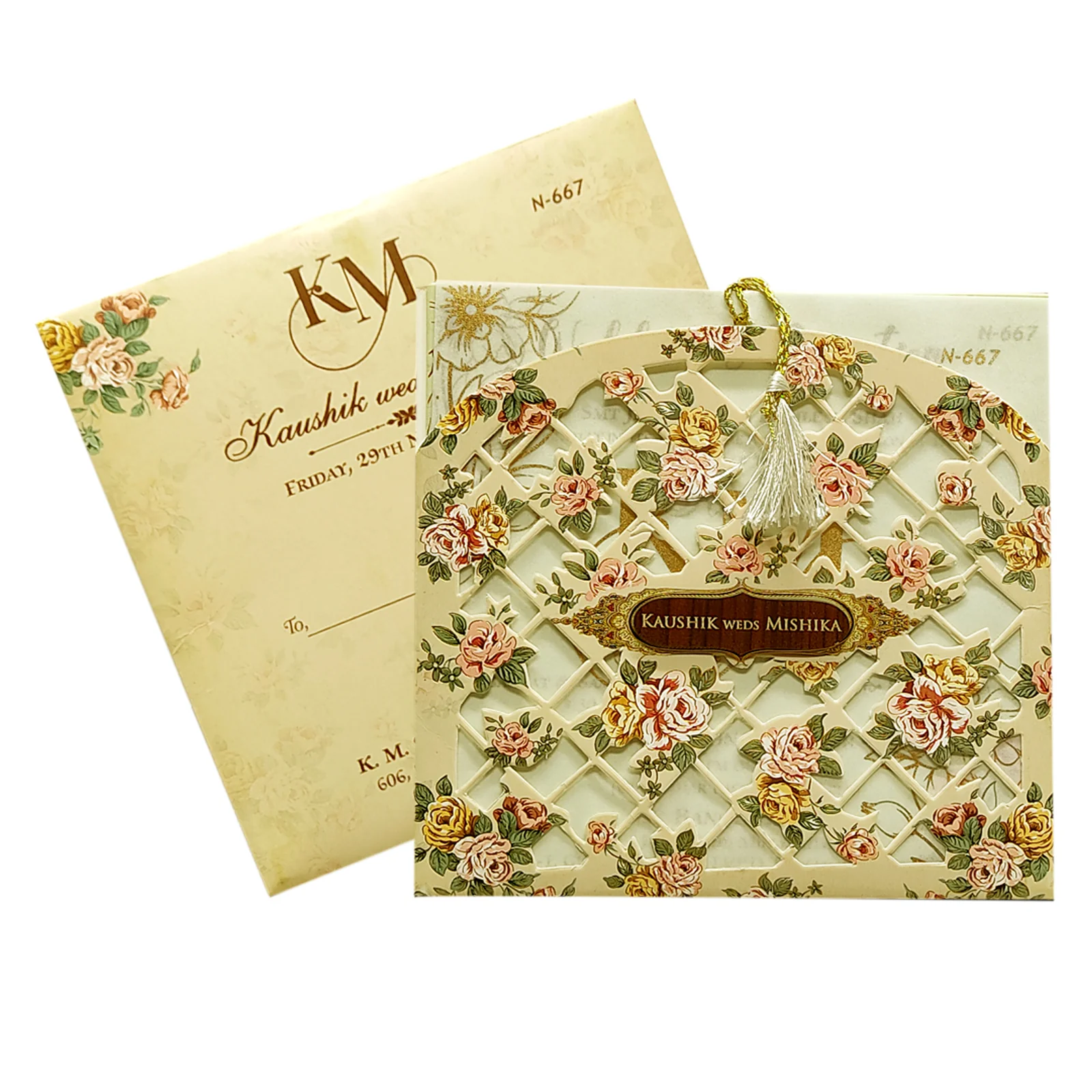 Cream Beige Tracing Sheet Wedding Card-KVN06670 - Image 2