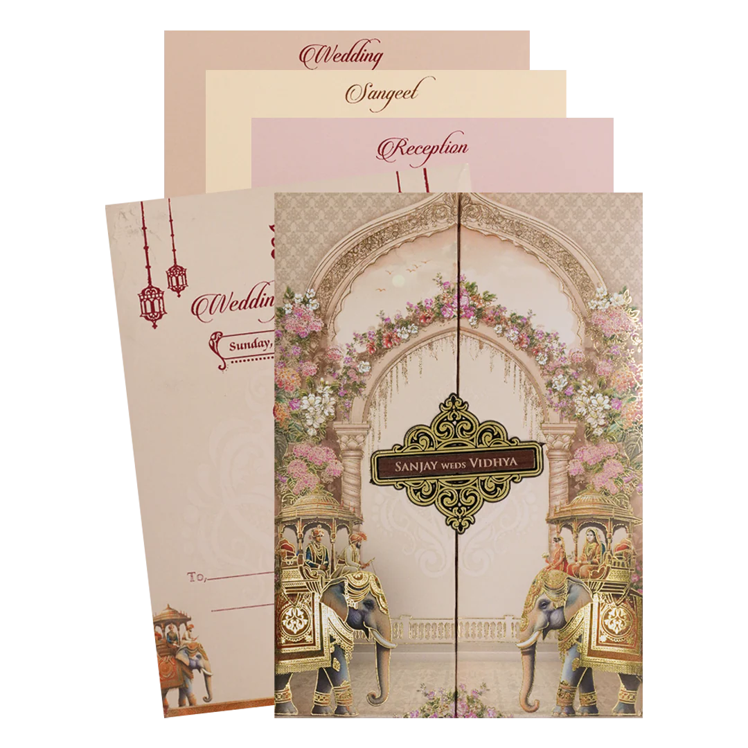 Cream Elephant Carriage Padded Wedding Card-KSH73200