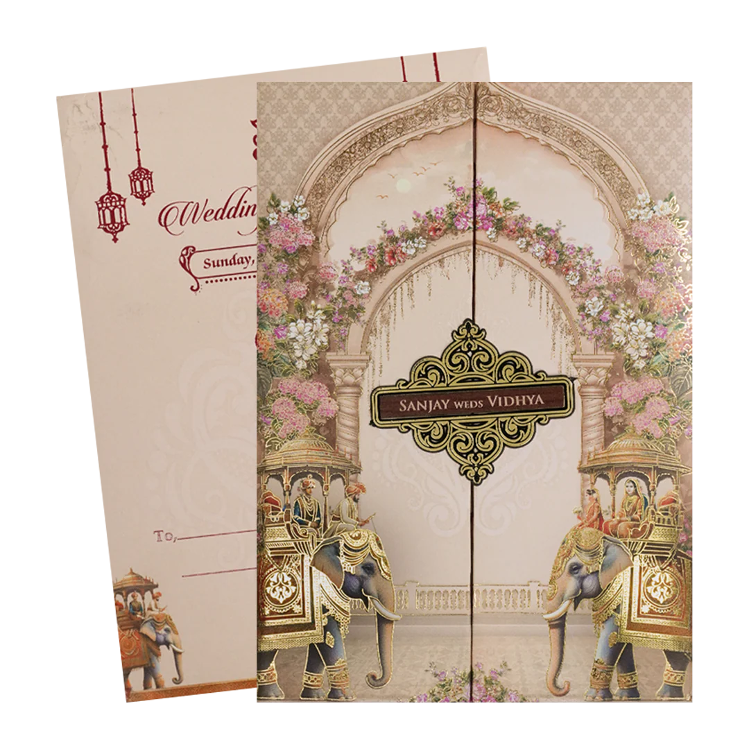 Cream Elephant Carriage Padded Wedding Card-KSH73200 - Image 2