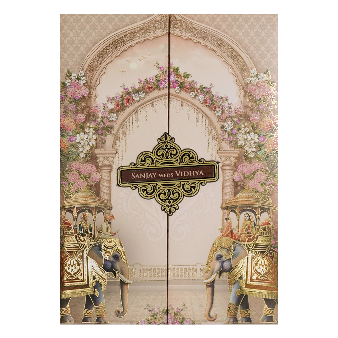 Cream Elephant Carriage Padded Wedding Card-KSH73200 - Image 3