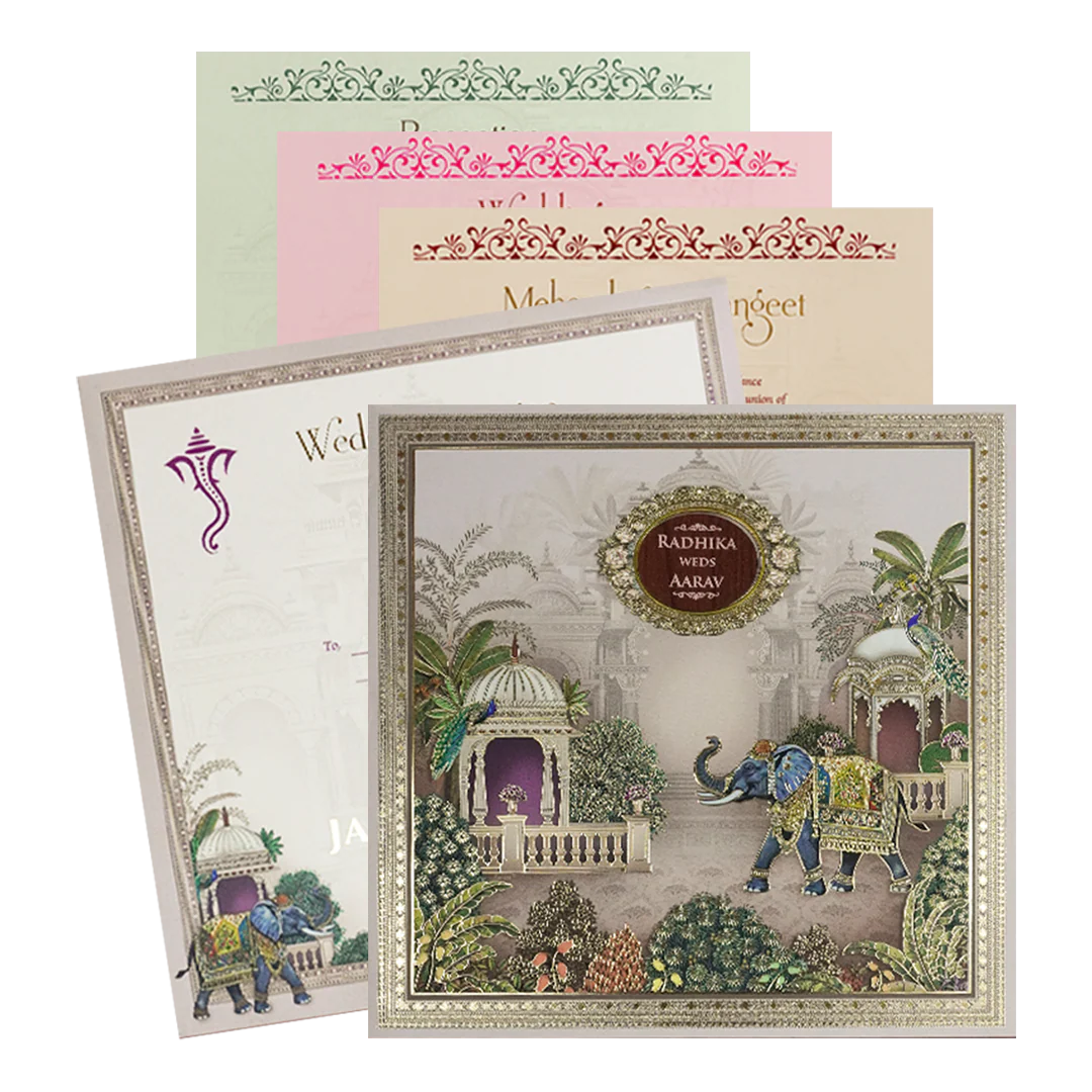 Cream Elephant Palace Padded Wedding Card-KSH72620