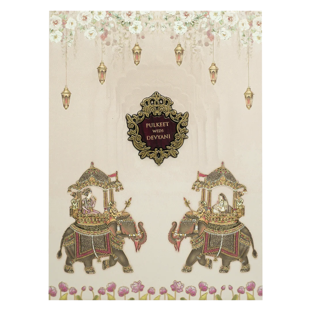 Cream Elephant Procession Padded Wedding Card-KJTS1730 - Image 3