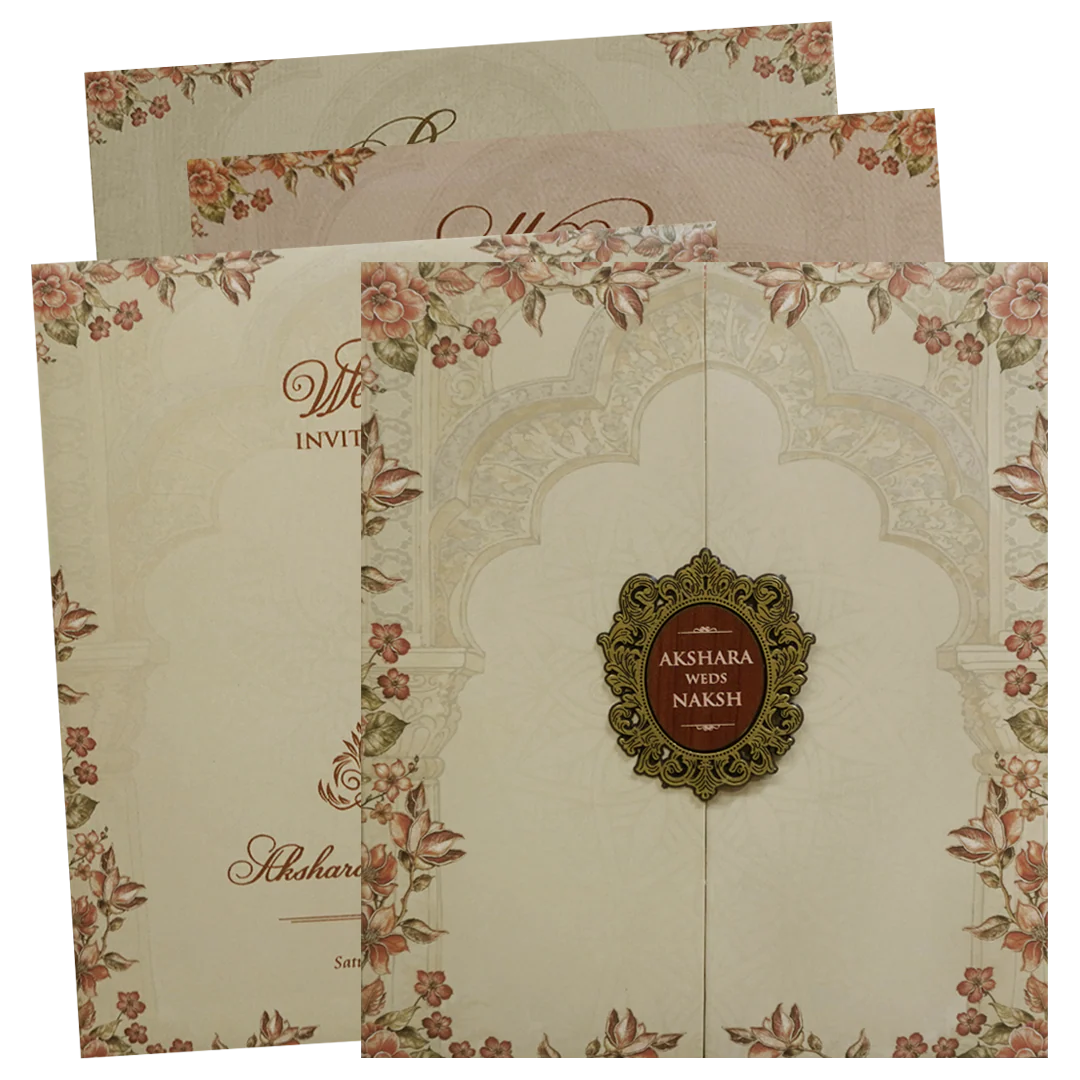 Cream Floral Arch Door Wedding Invitation Card - KVN07590