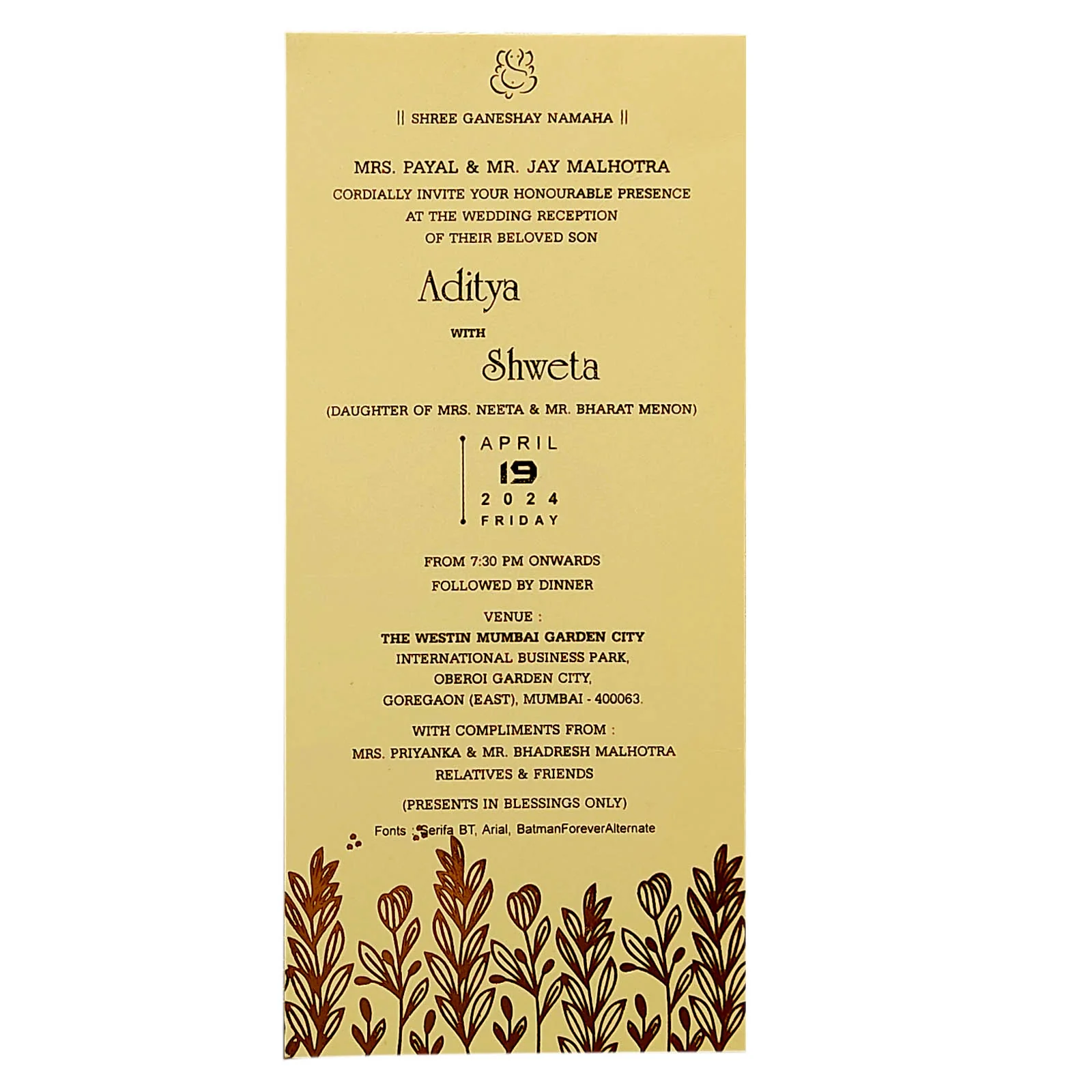 Cream Floral Foil Single Sheet Invitation Card-KRCS6041 - Image 2