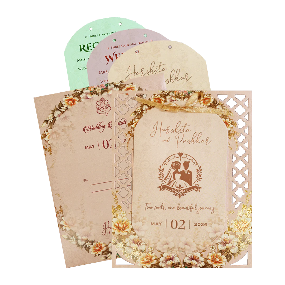 Cream Floral Laser Cut Wedding Card-KSH72910