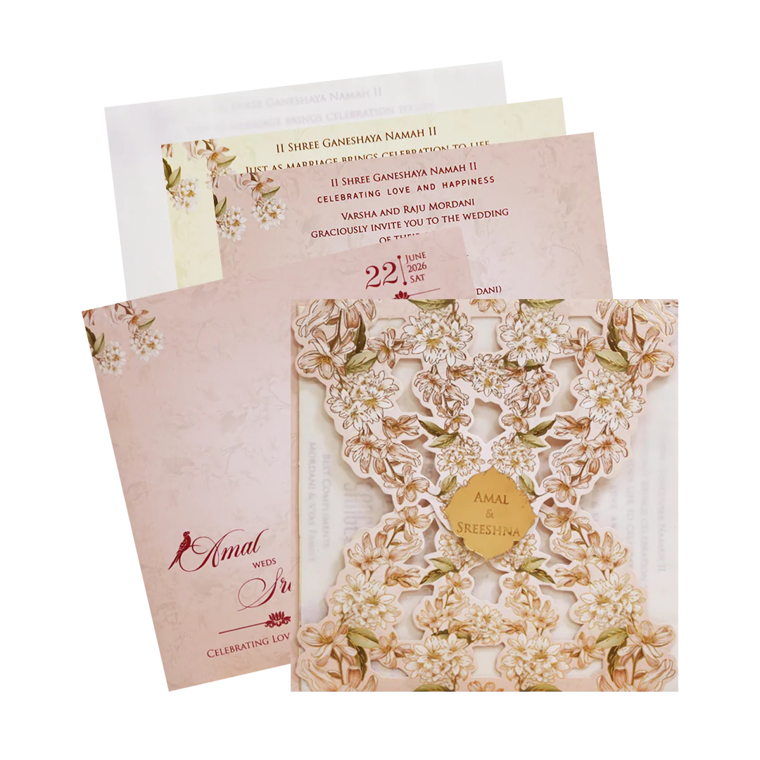 Cream Floral Laser Cut Wedding Card - KFR14230