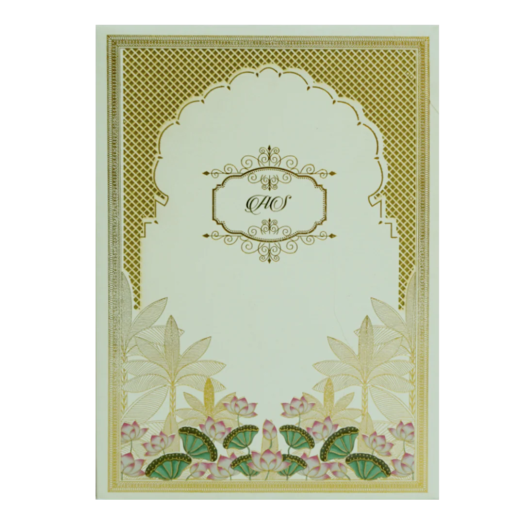 Cream Floral Lotus Wedding Card-Kbm04610 - Image 3