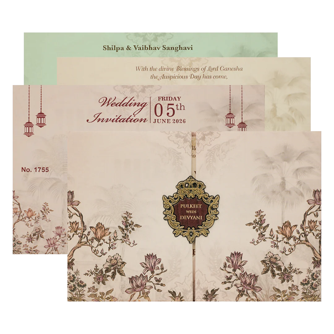 Cream Floral Padded Wedding Card-KJTS1755