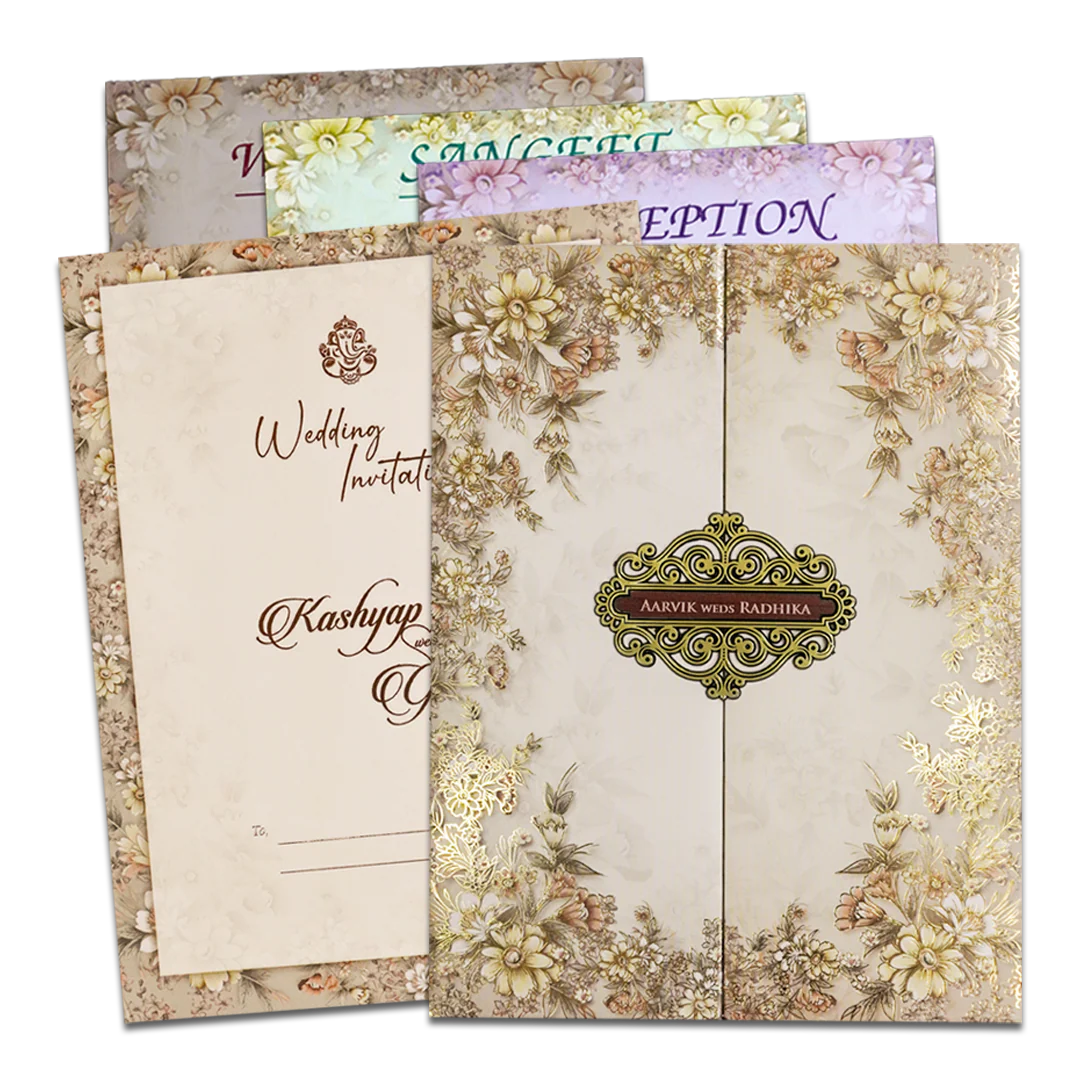 Cream Floral Padded Wedding Card-KSH72430