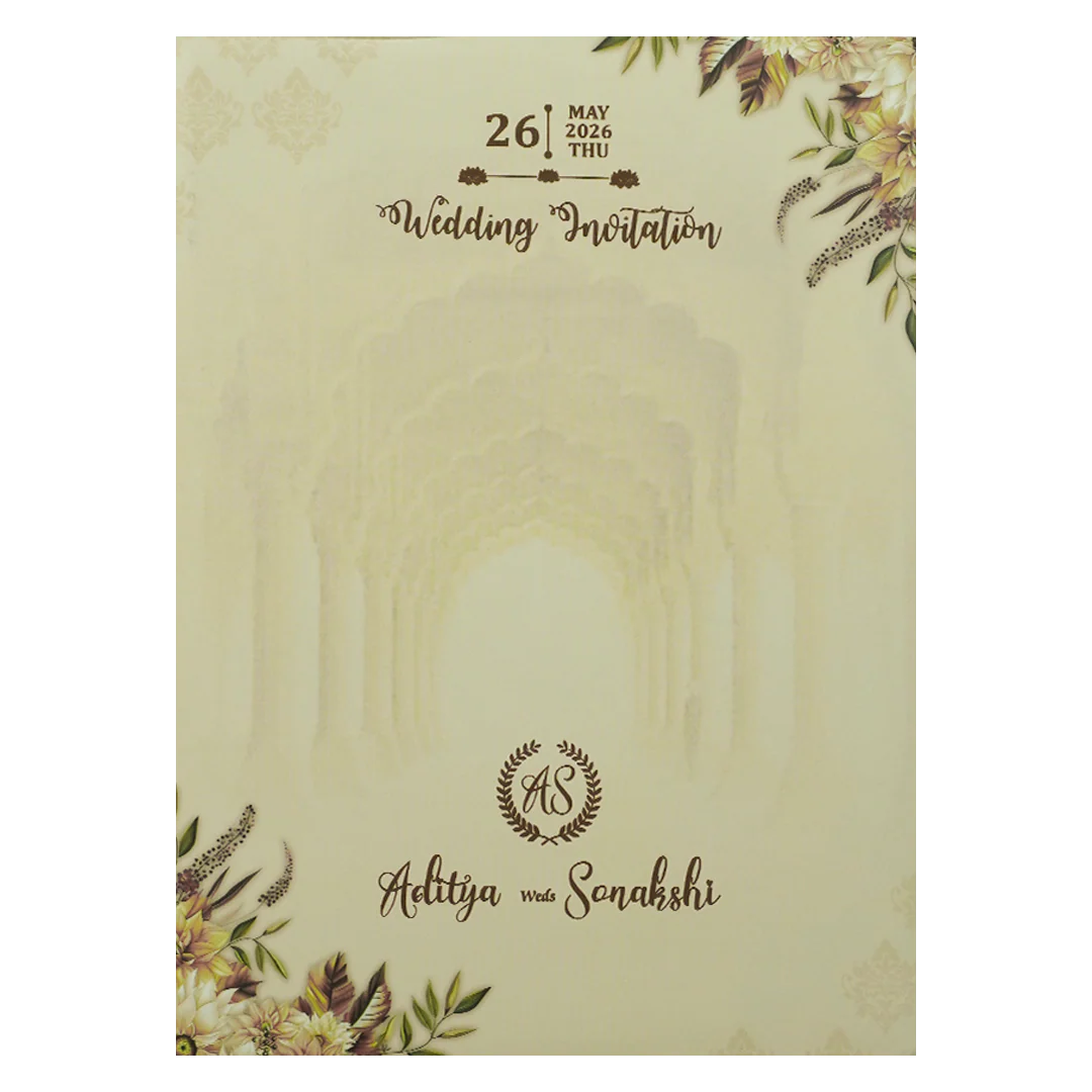 Cream Floral Palace Arch Padded Wedding Card-KRE26540 - Image 4