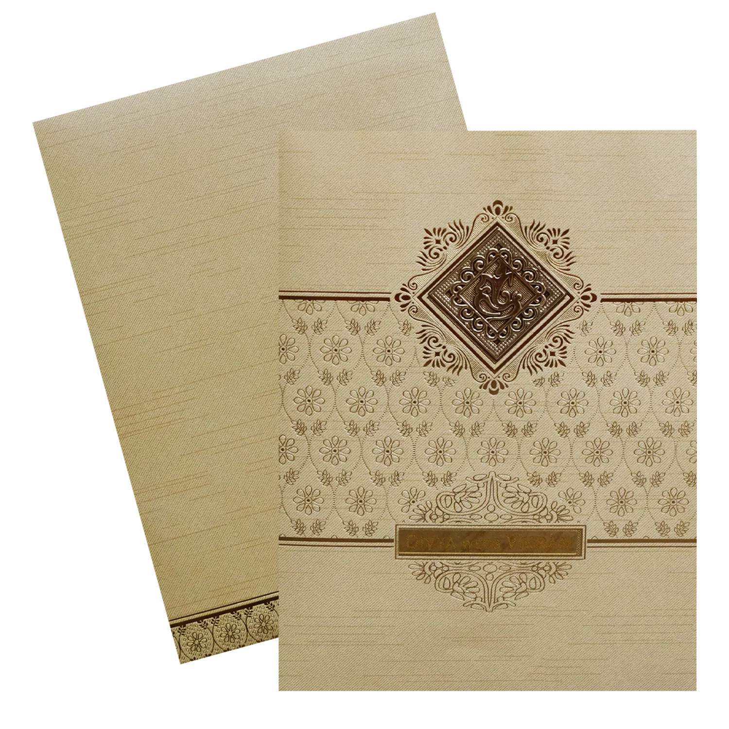 Cream Ganesha Nameplate Wedding Card-KNRM8706C - Image 2