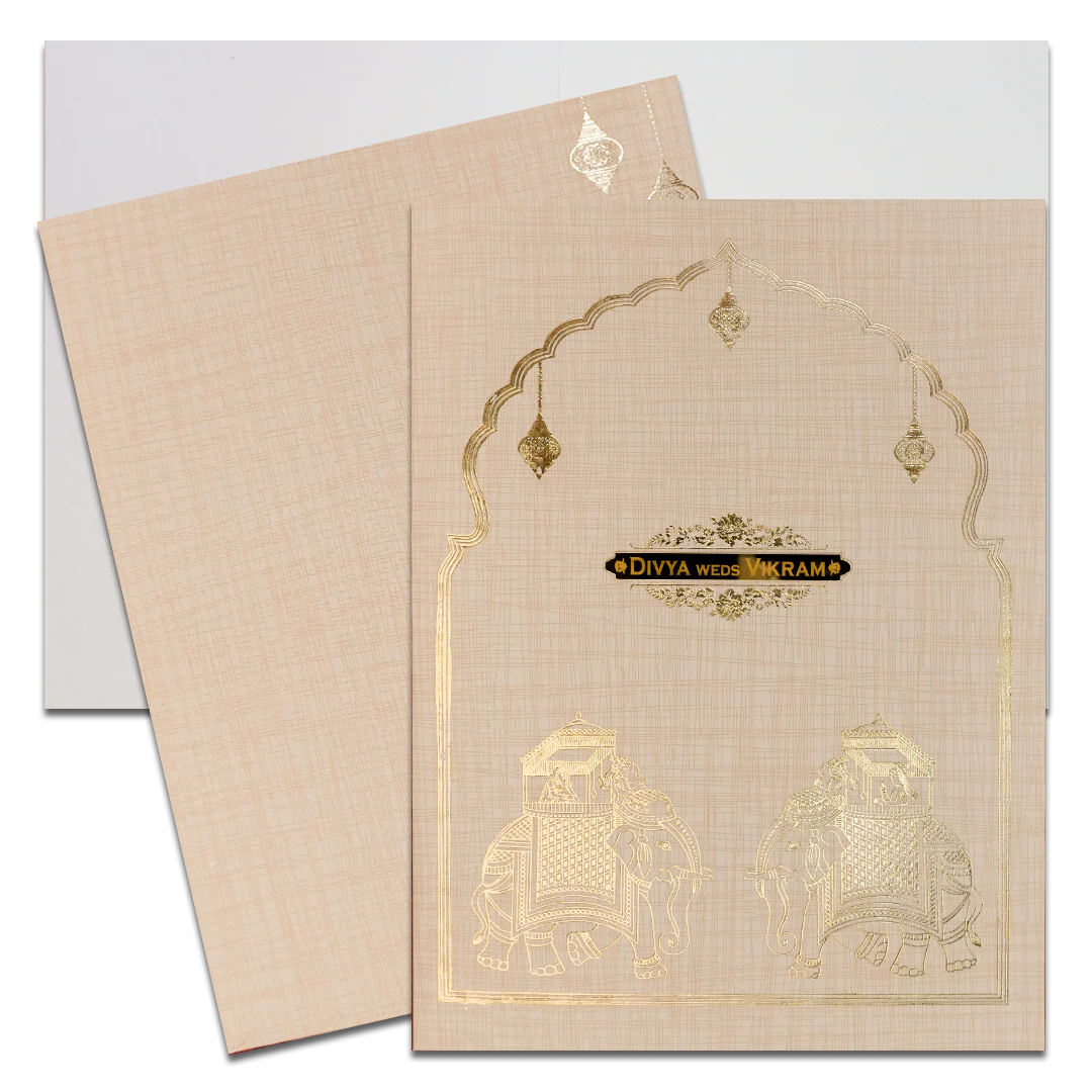 Cream Gold Arch Elephant Wedding Card-KNK7083S