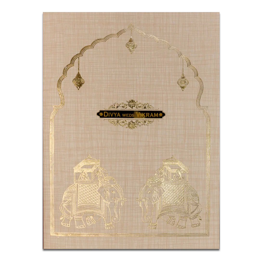 Cream Gold Arch Elephant Wedding Card-KNK7083S - Image 3