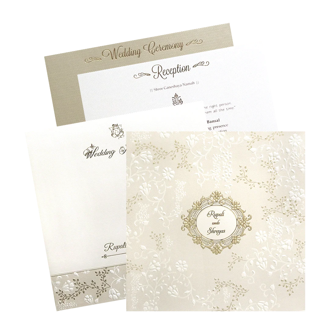 Cream Gold Floral Embossed Padded Wedding Card - KMMWD1123