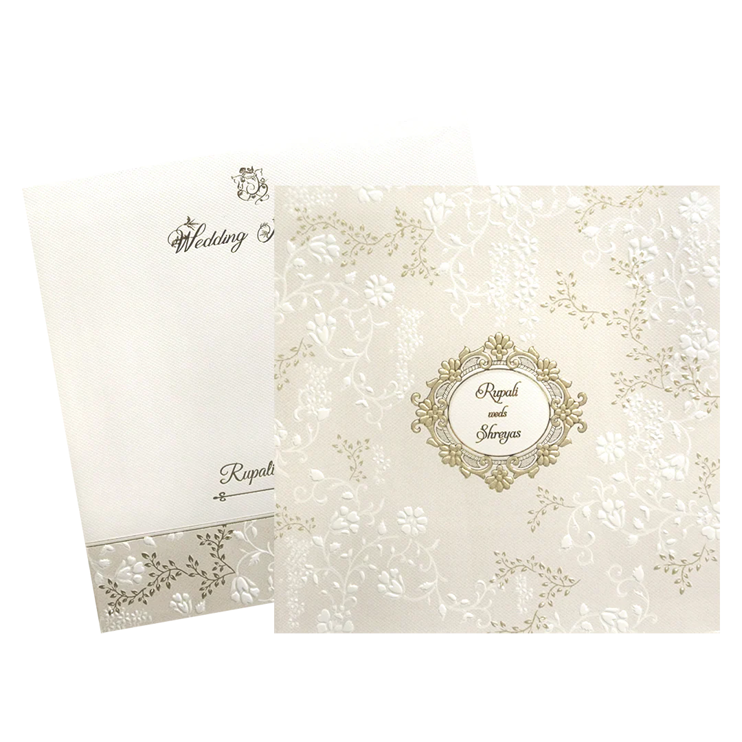 Cream Gold Floral Embossed Padded Wedding Card - KMMWD1123 - Image 2