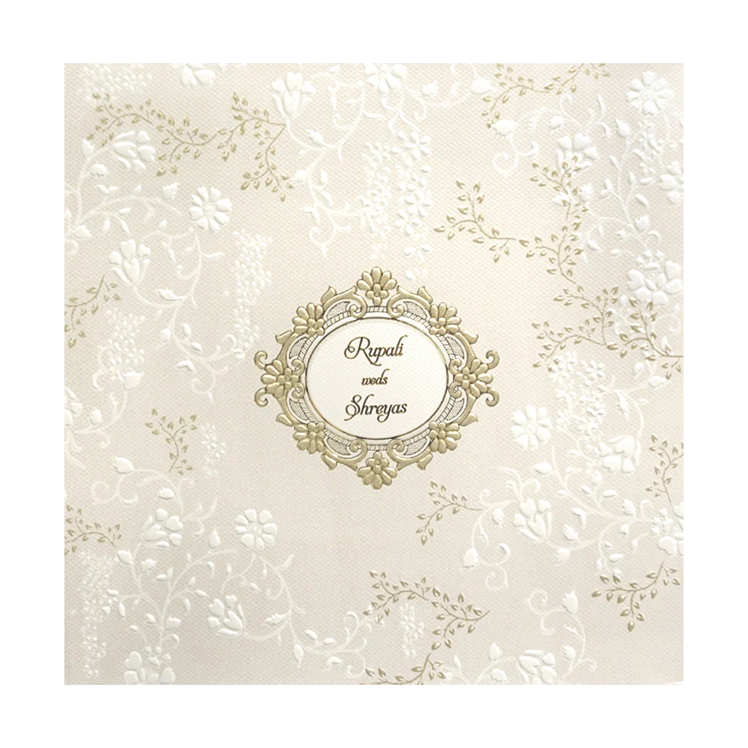 Cream Gold Floral Embossed Padded Wedding Card - KMMWD1123 - Image 3