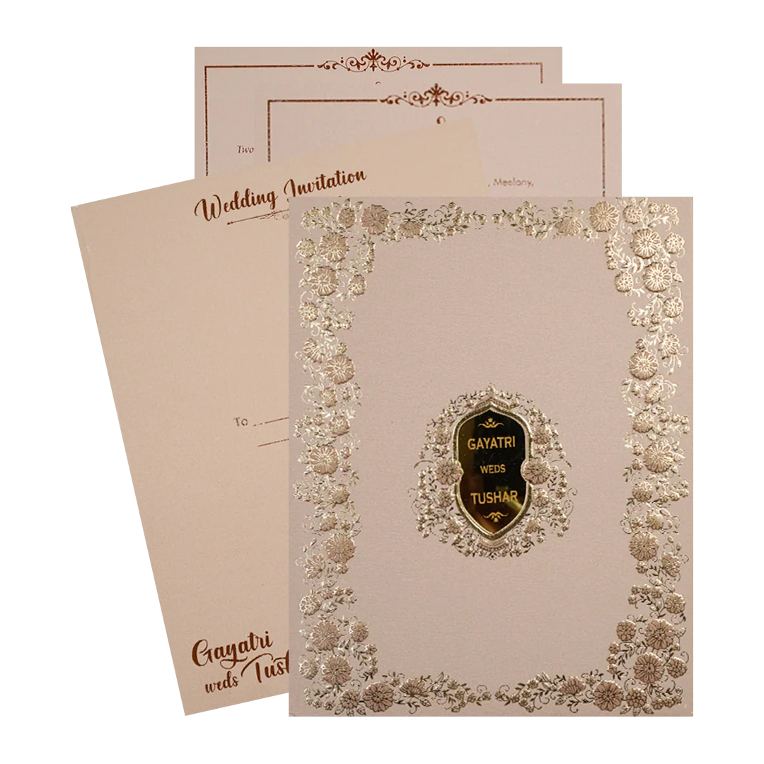 Cream Gold Floral Embossed Wedding Card-KSI64040