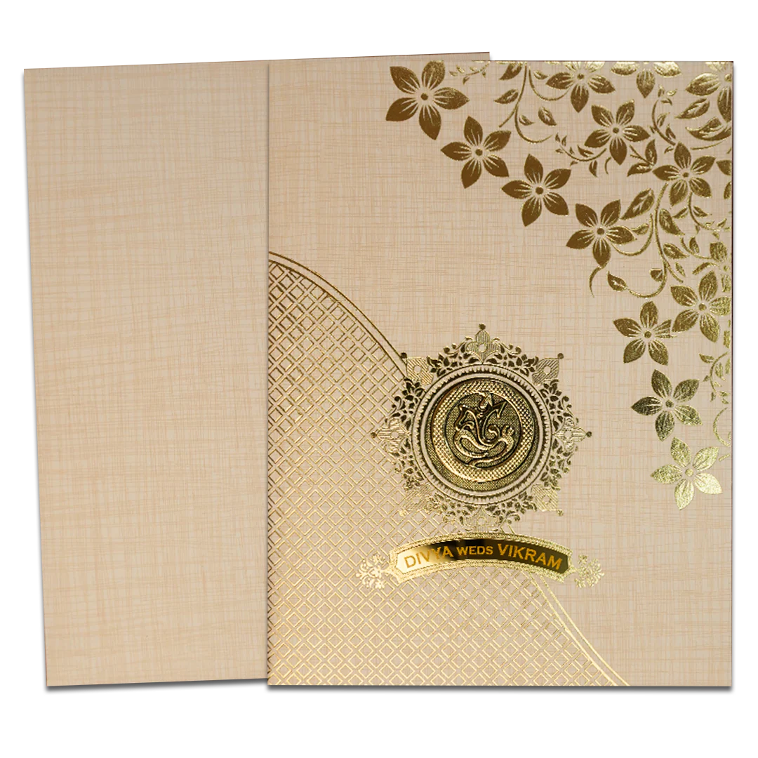 Cream Gold Floral Ganesha Wedding Card-KNK7082S - Image 2