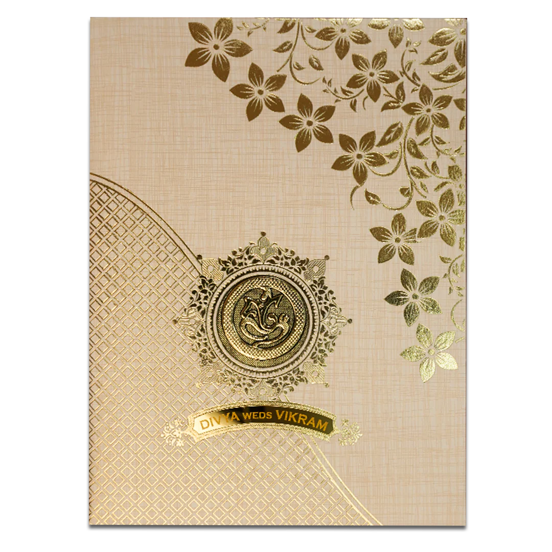 Cream Gold Floral Ganesha Wedding Card-KNK7082S - Image 3