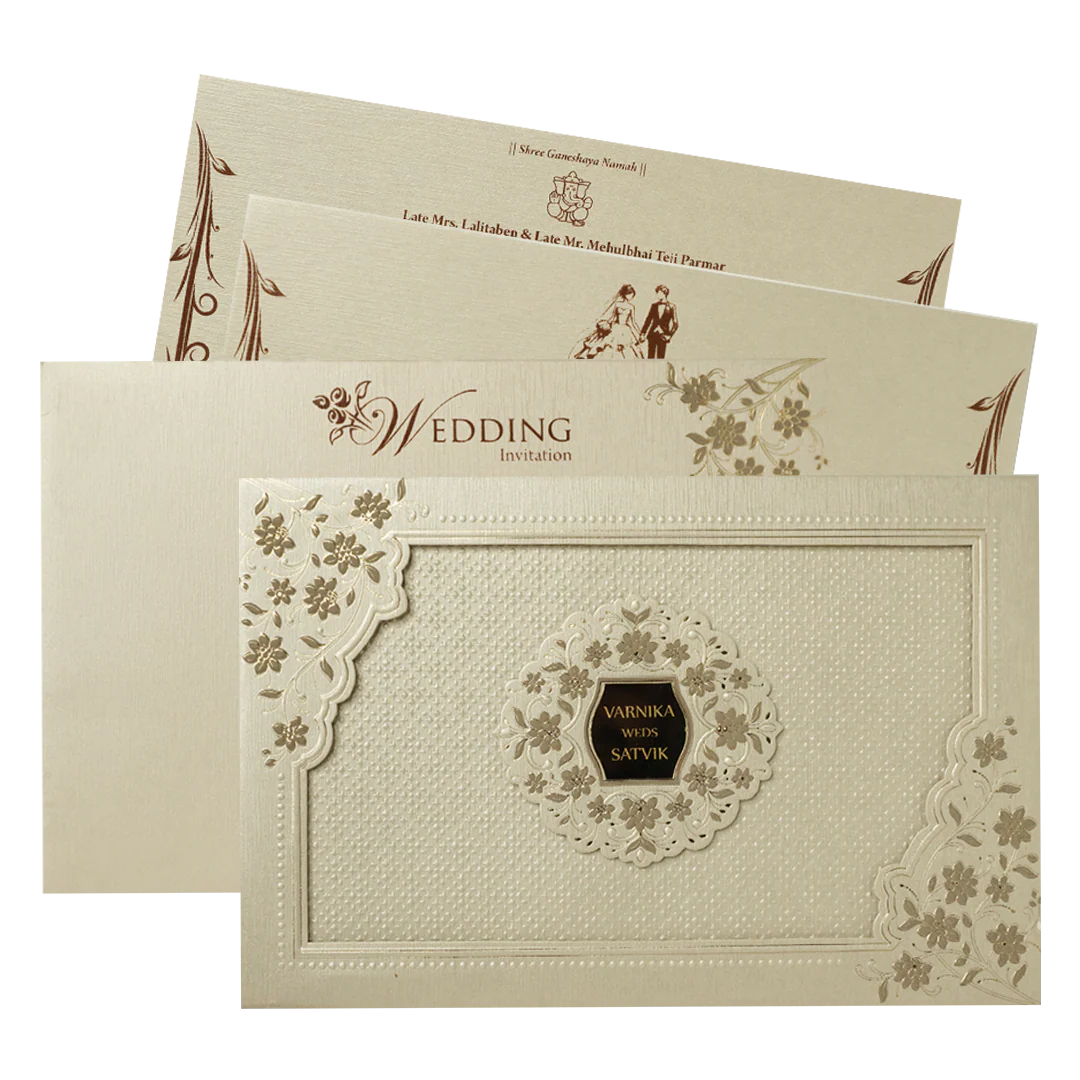Cream Gold Floral Padded Wedding Card-KSSC2160