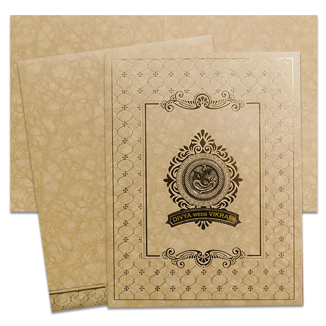 Cream Gold Ganesha Personalized Wedding Card-KNKR5033B