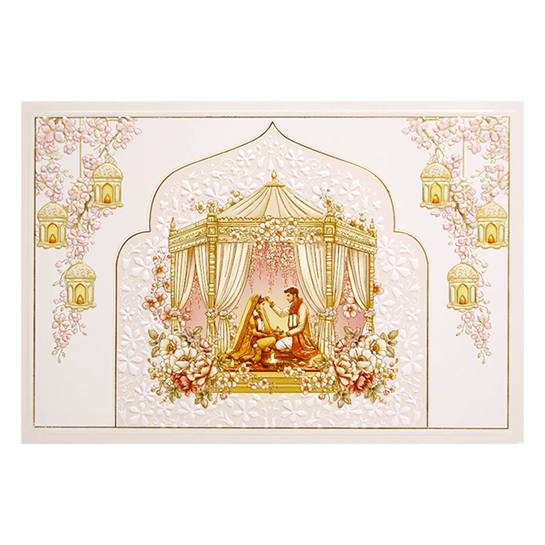 Cream Gold Mandap Floral Padded Wedding Card-KMMWD1146 - Image 3