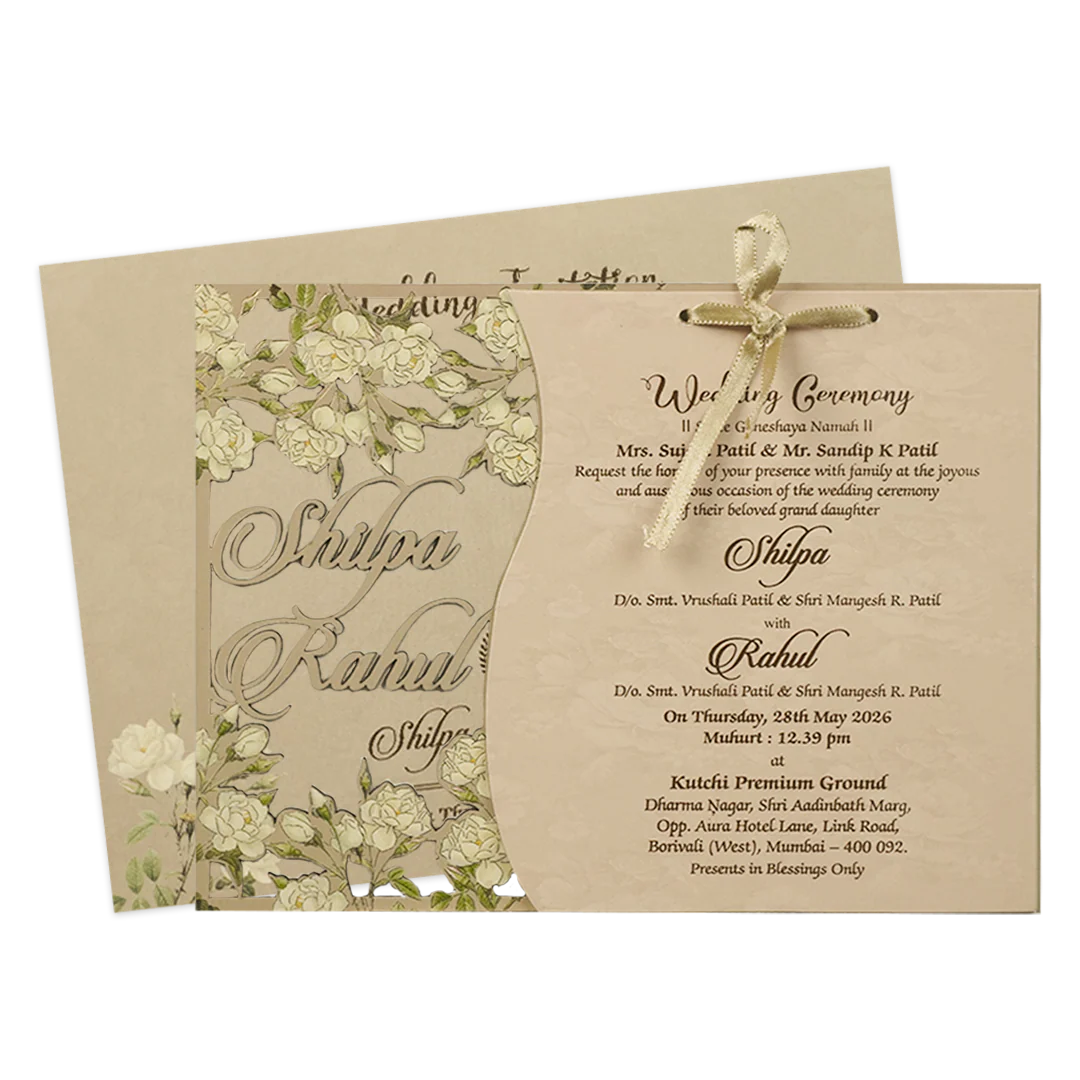 Cream Ivory Floral Ribbon Wedding Card-KRE26730 - Image 2